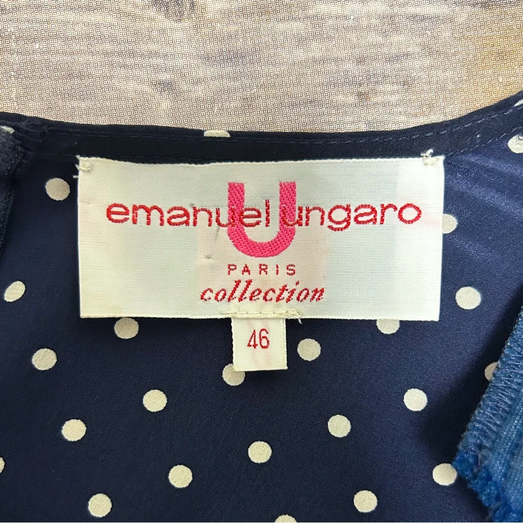 Emanuel Ungaro Vintage Silk Blue Ivory Polka Dot Crepe Wrap Short Sleeve Blouse Size undefined - Image 9