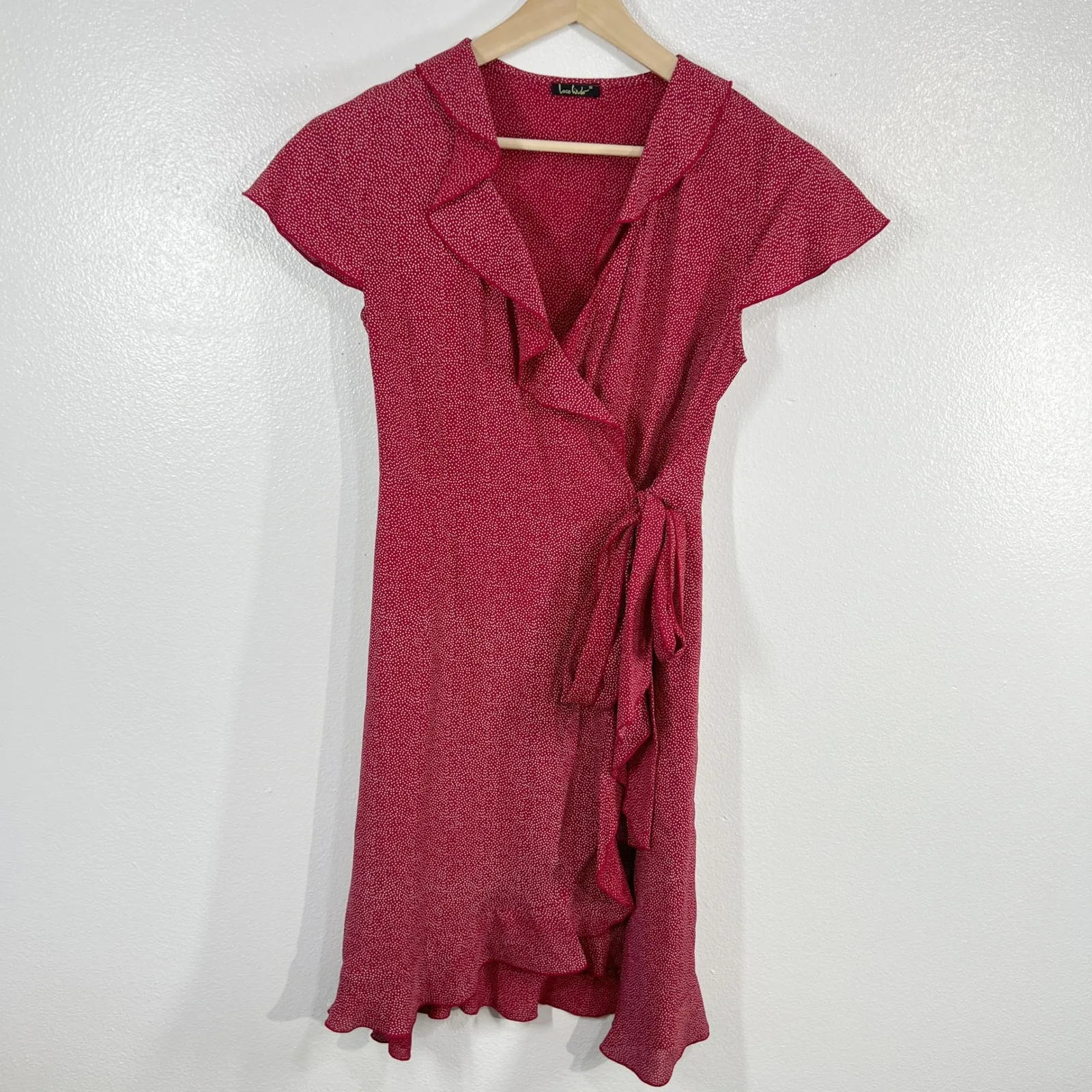 Loco Lindo Red Polka Dot Wrap Dress‎ Small Ruffle Hem Cap Sleeve Retro Chic 90s - Image 2