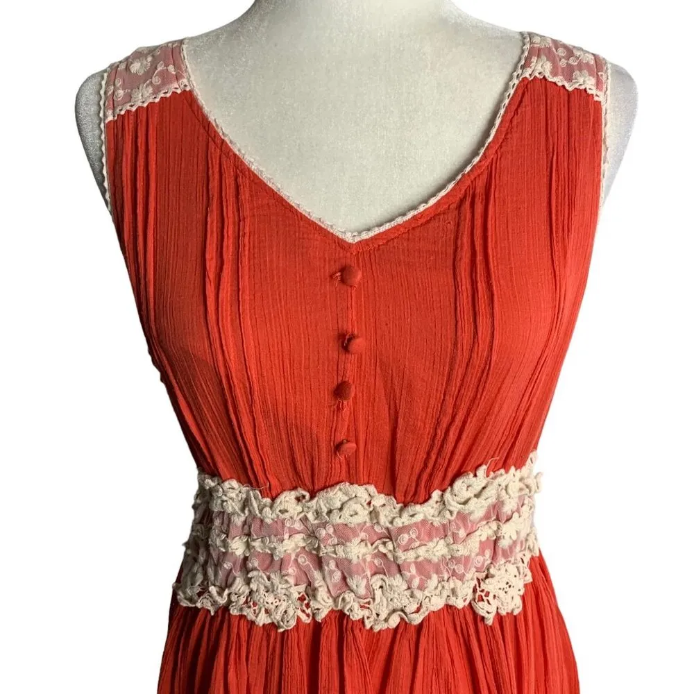 Vasna Fit N Flare Cotton Lace Dress L Coral Orange V Neck Lined Boho Knee Length Size L - Image 2