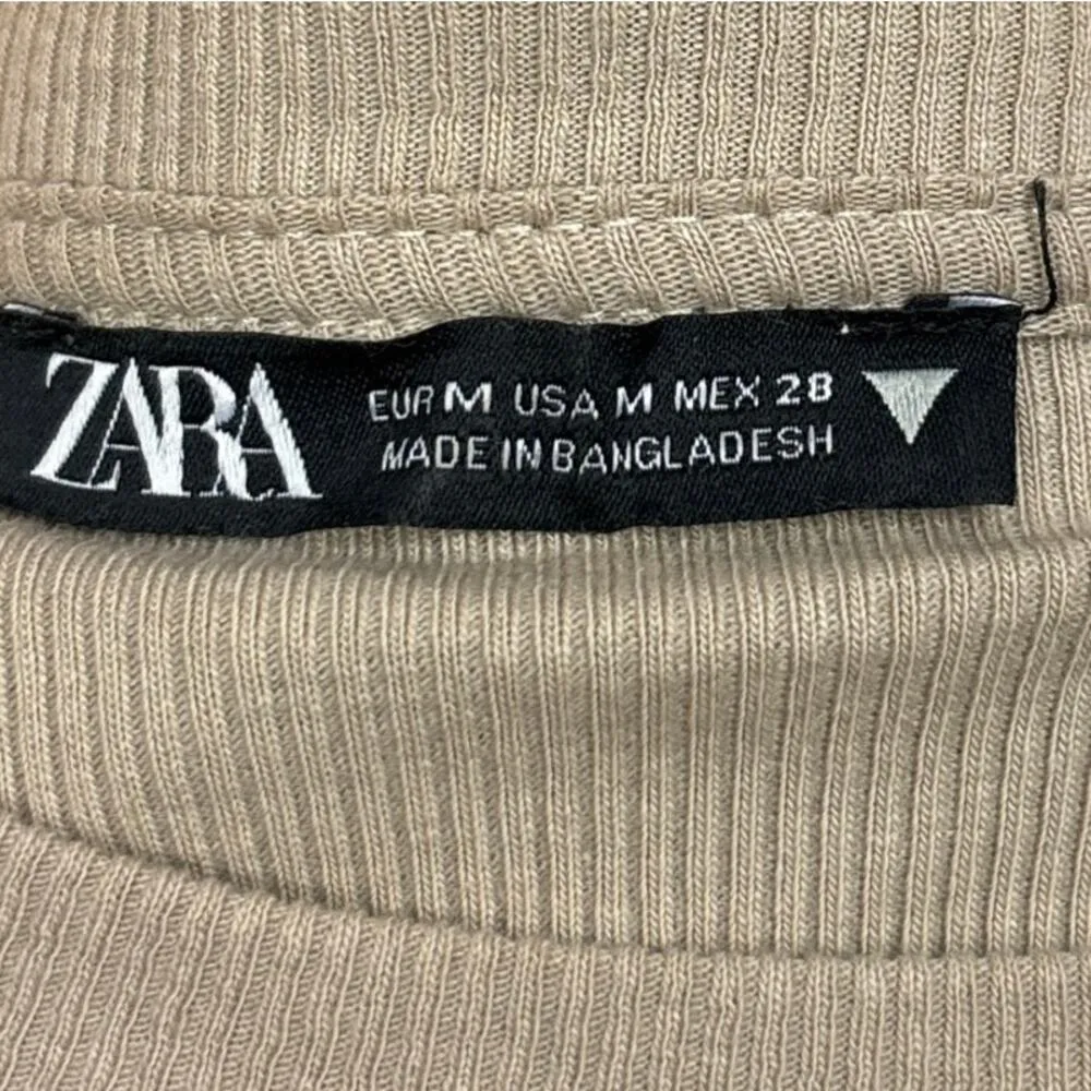 Zara Beige Crew Neck Long Sleeve Stretch Ribbed Knit Fitted Bodysuit Top Size M - Image 5