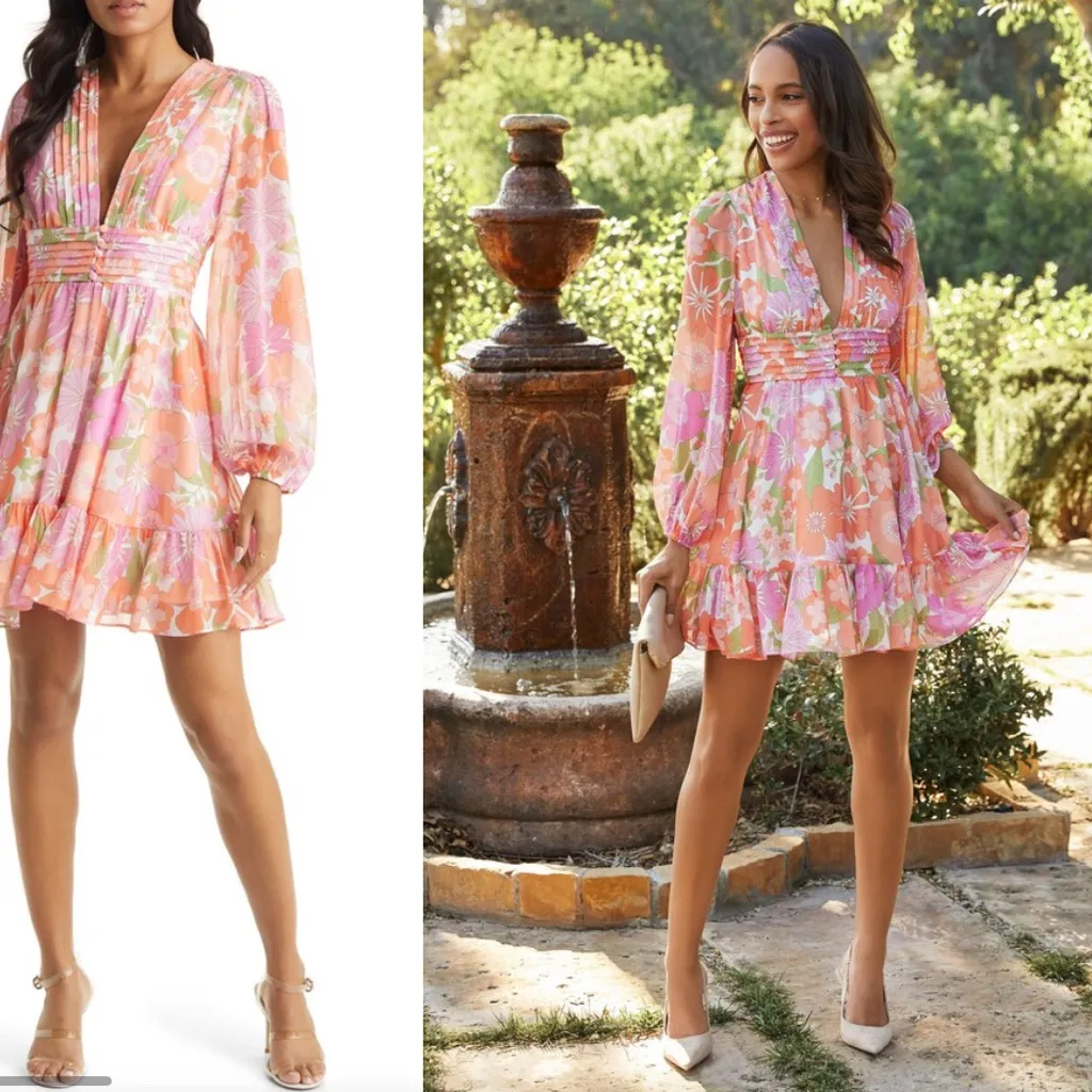 VICI Collection Floral Long Sleeve Chiffon Babydoll Dress Medium Retro Look - Image 2