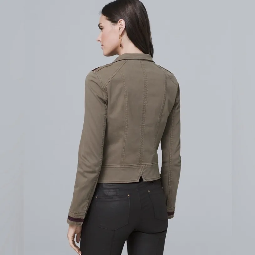 Women’s White House Black Market Olive Green Embellished Military Jacket Sz8 - Image 2
