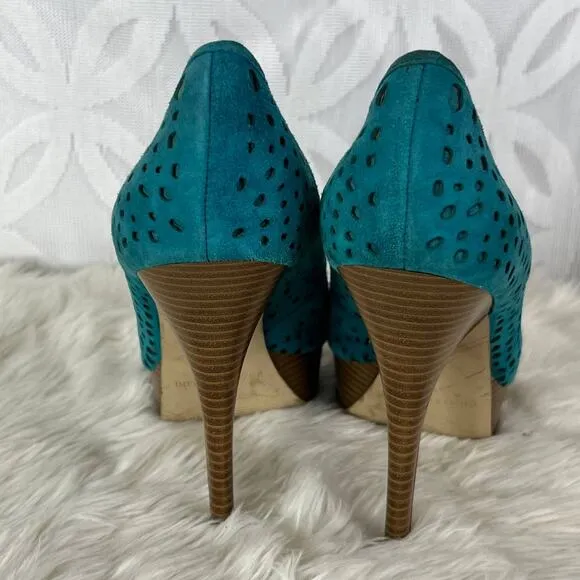 Enzo‎ Angiolini Sully Perforated Suede High Heels Teal Peep Toe Size 9 - Image 5