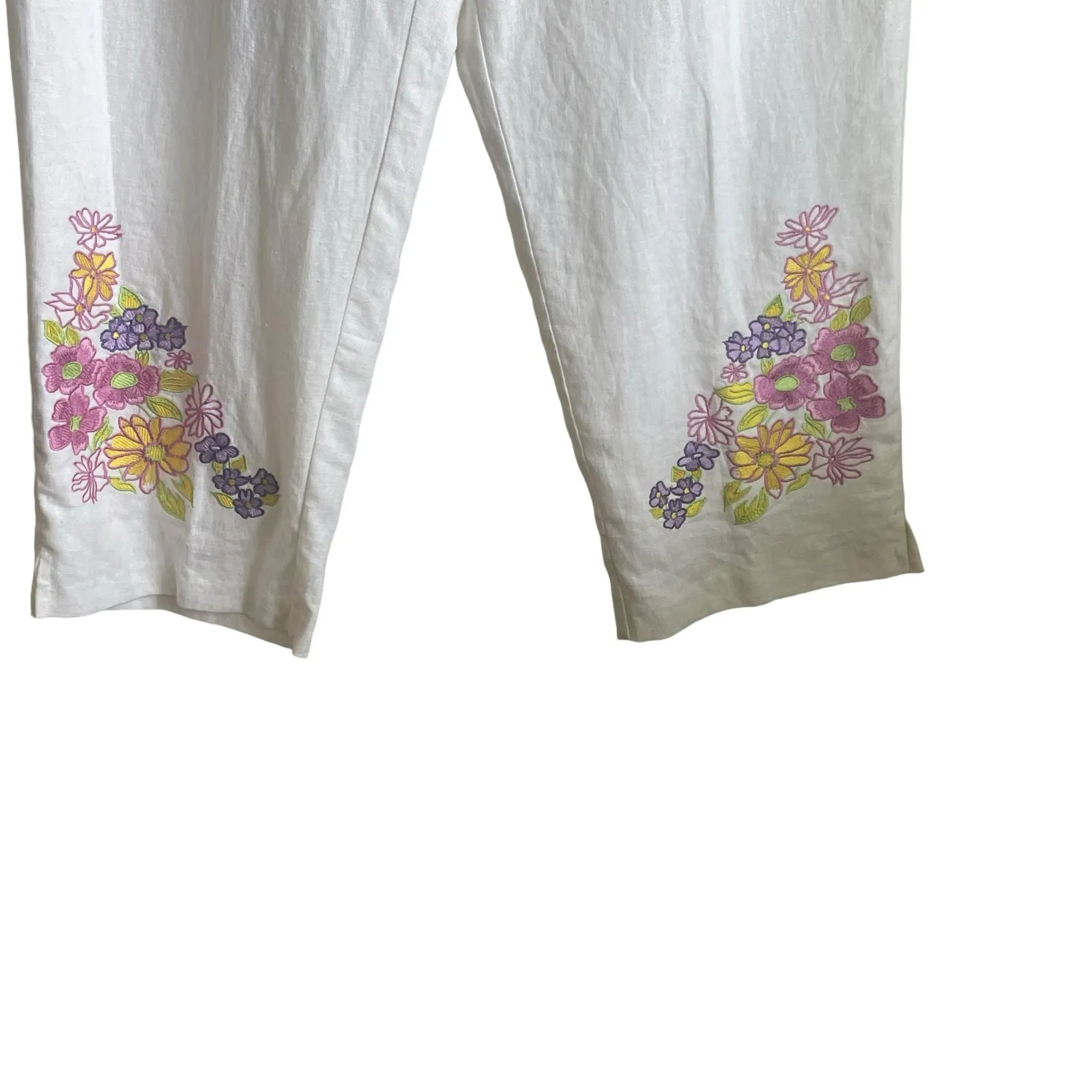 Women Linen Blend Pants 12 Straight Leg‎ Embroidered Floral Whimsy Cruise Resort White - Image 6