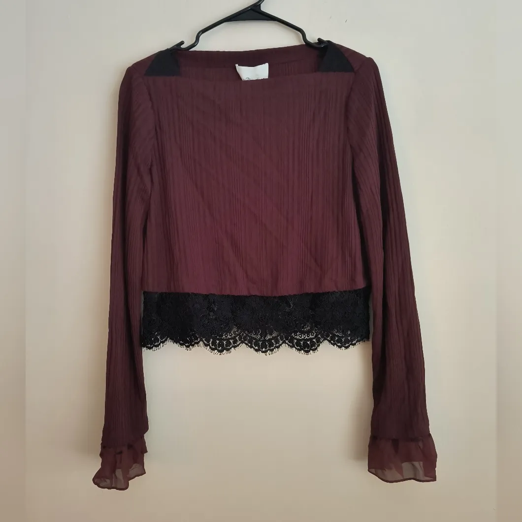 3.1 Phillip Lim Women's Burgundy Black Silk Lace Trim Ribbed Long Sleeve Top L - Image 2