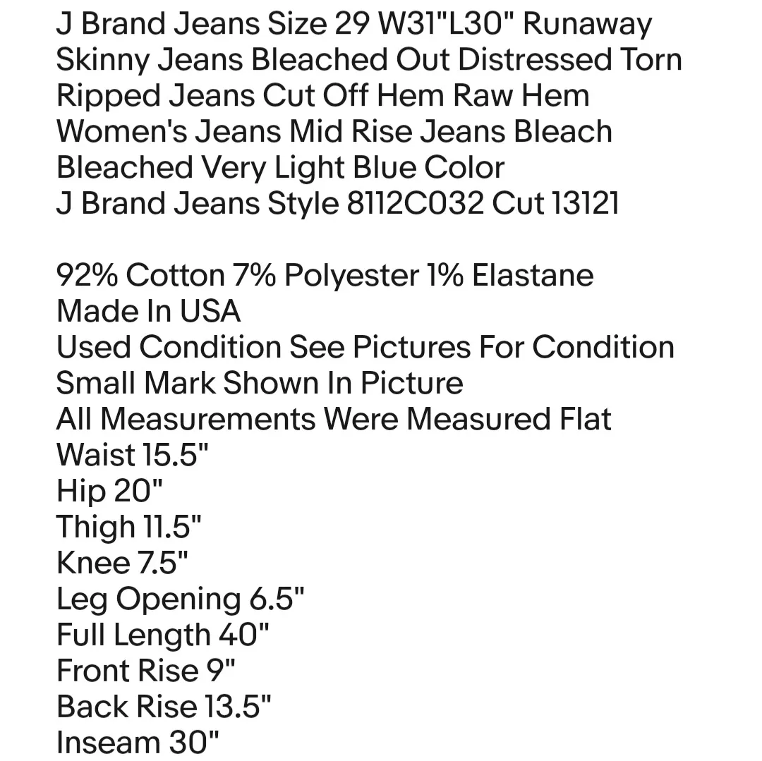 J Brand Jeans Size 29 W31"L30" Runaway Skinny Jeans Bleached Out Distressed Torn Ripped Jeans - Image 2