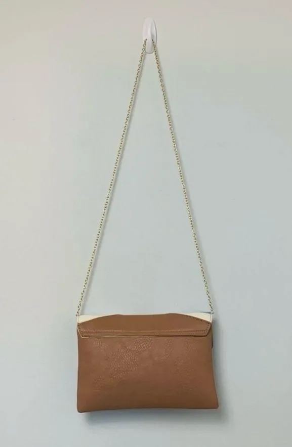 Charming Charlie Envelope Clutch Detachable Gold Chain Tan & Baby Blue - Image 10