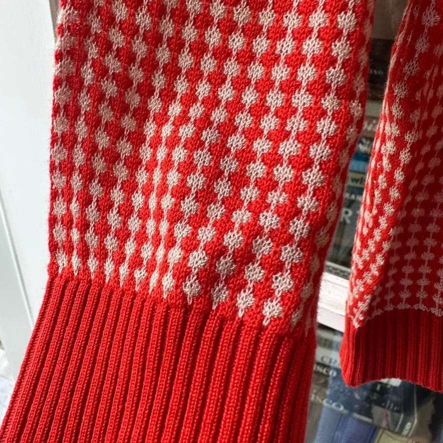 Red Houndstooth Knit Top Rhinestone Button Long Sleeve Sweater Pullover - Image 4