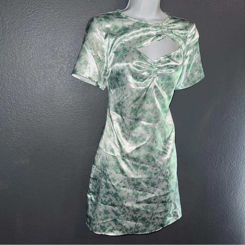 Cider Satin Vintage Style Mini Green & White Short Sleeve Dress Womens Medium - Image 4