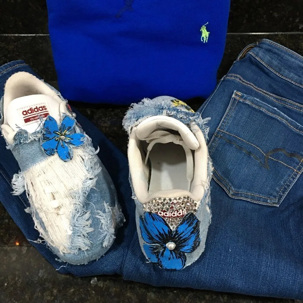 Custom distressed Bling Adidas! Super cute Blue Size 6 - Image 6