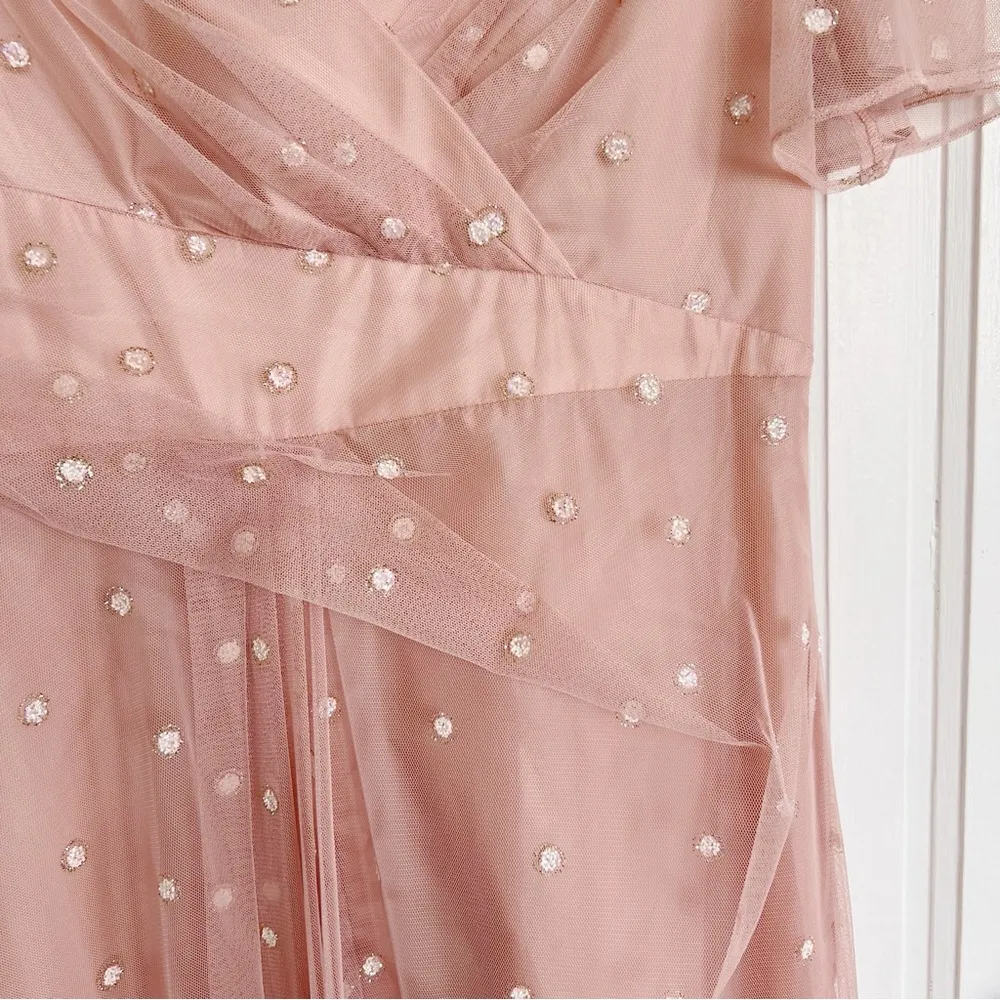 Adrianna Papell • Metallic Clip Dot Gown blush pink flutter sleeve surplice - Image 6