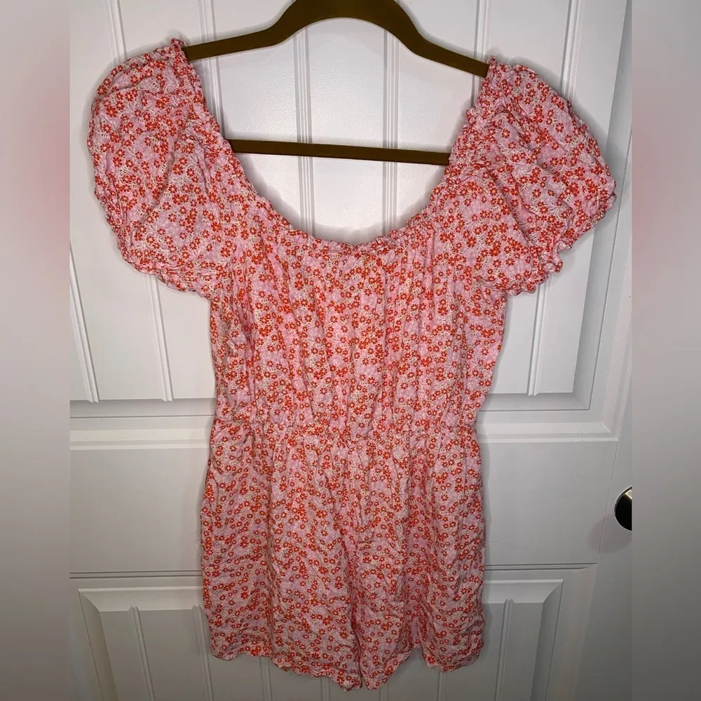 A.U.W. Pink and Red Floral Short Sleeve Ruffled Romper - Image 3