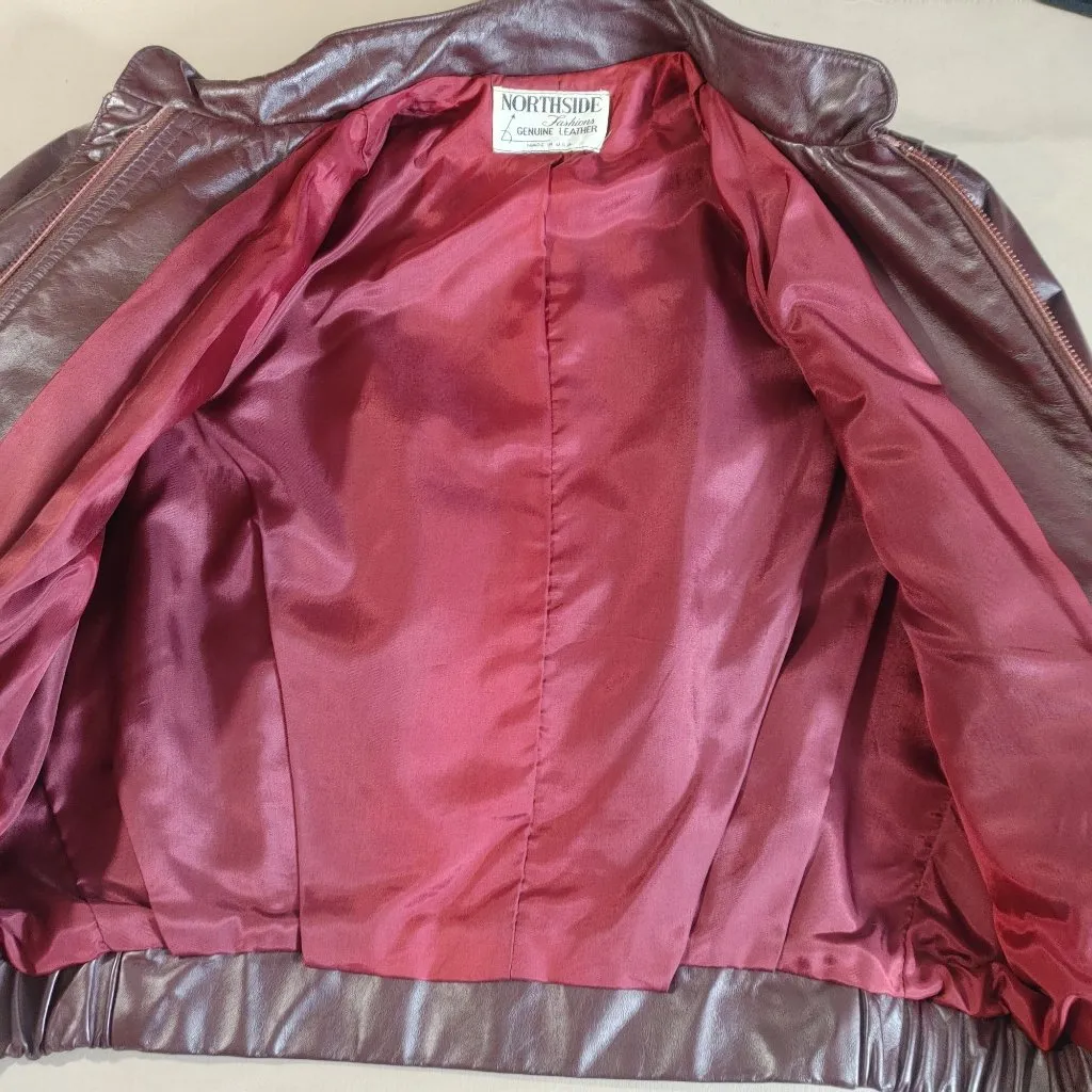 Bomber Jacket Northside Fashions Genuine Leather Vintage 1970s Burgundy Size 11 Red - Image 11