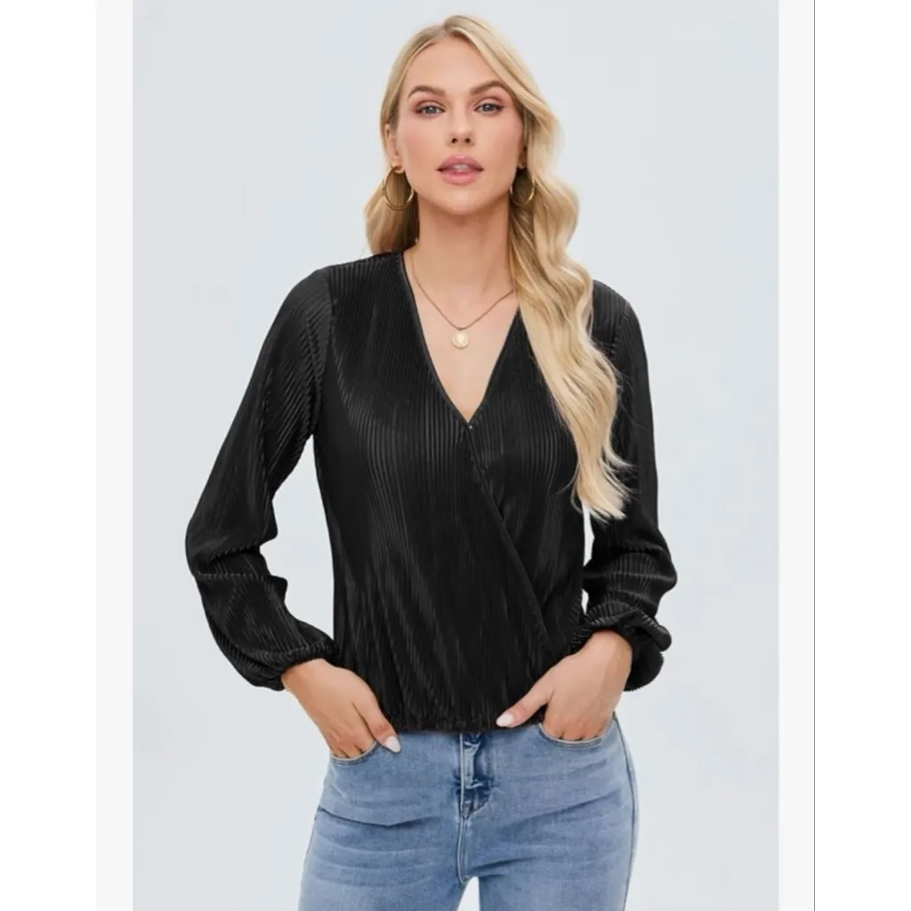 NEW Black Plisse Long Lantern Sleeve Loose Fit V Neck Blouse Top XS - Image 4