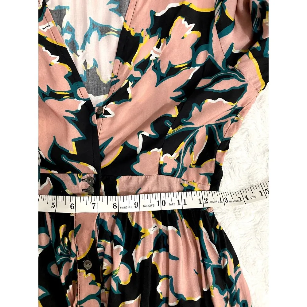 Maaji Navy Floral Button Front Long Sleeve V-neck Beach Cover Up Maxi Dress M - Image 7