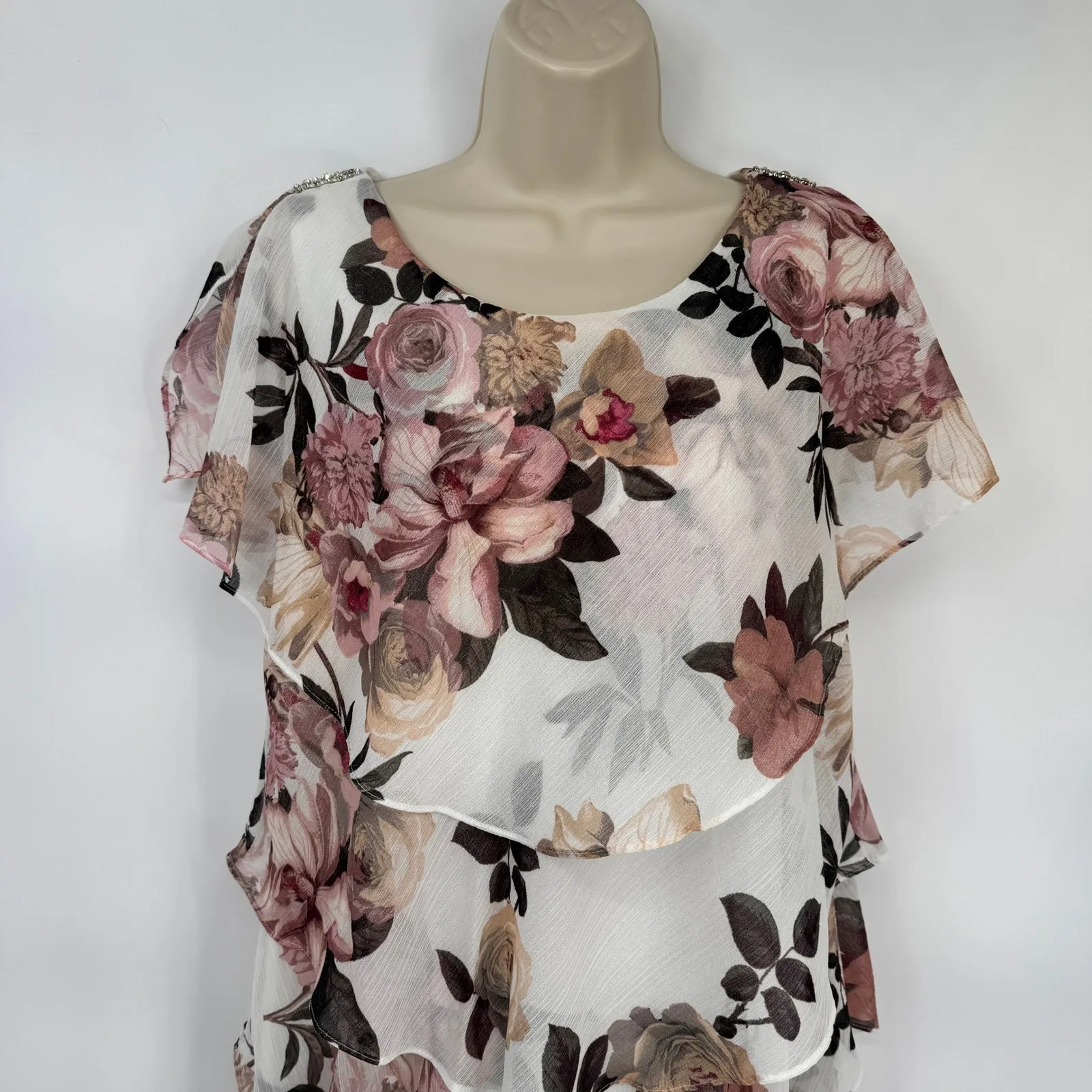 Vintage SLNY Floral Tiered Ruffle Dress Womens 10 White Pink Tea Party Romantic - Image 3