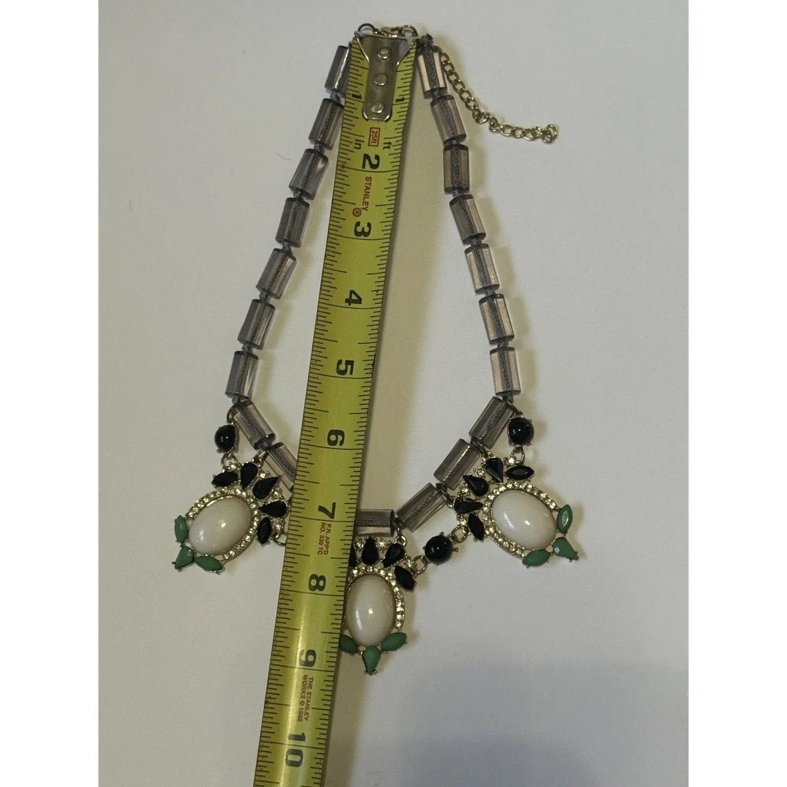 Statement Necklace Rhinestone Fashion Beads Green Black White 14 Inch Length - Image 7