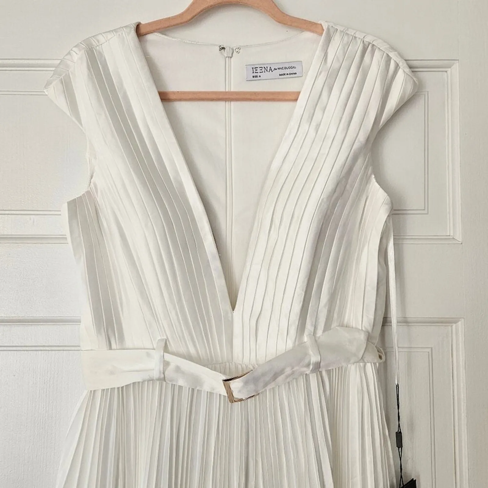 Ieena for Mac Duggal 26483 Pleated Cap Sleeve Belted A-Line White Midi Dress 8 - Image 4