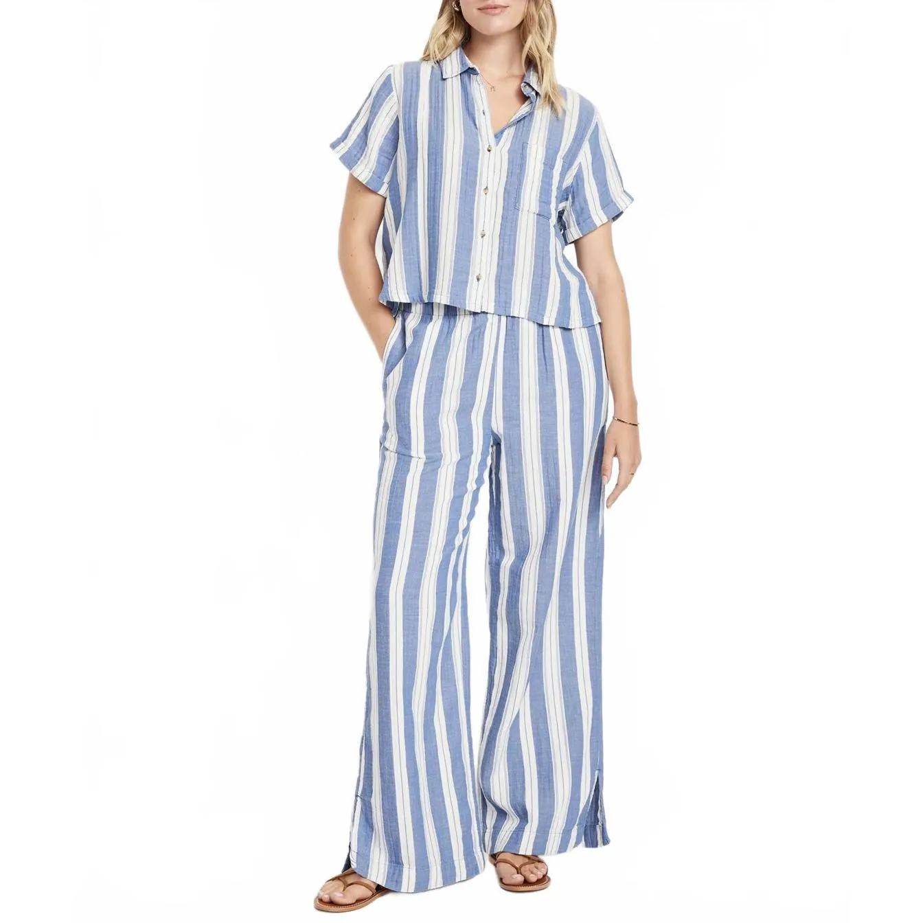 High-Waisted Crinkle Gauze Super Wide-Leg Pants Old Navy Blue Stripe NWT XXLT - Image 4