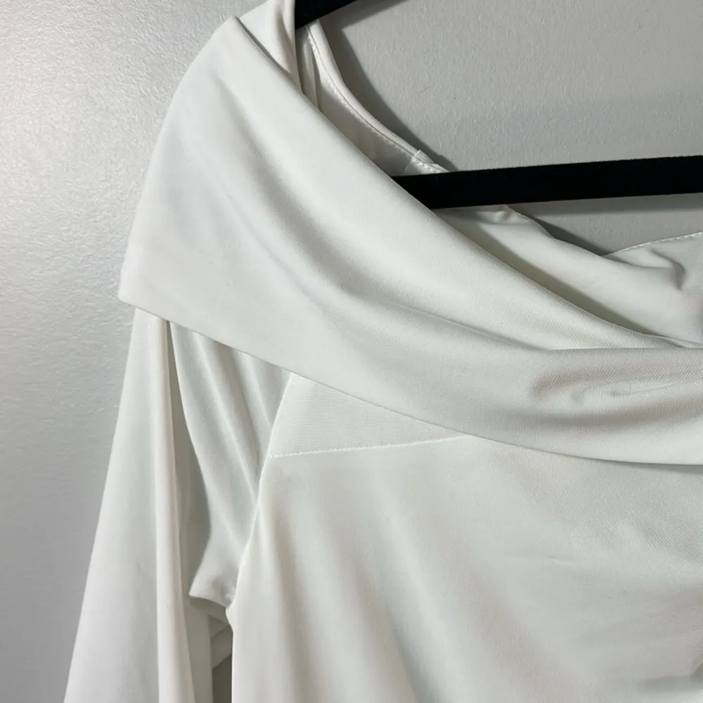 White House Black Market WHBM White 3/4 Sleeve Bodycon Draped top Dress Size 12 - Image 5