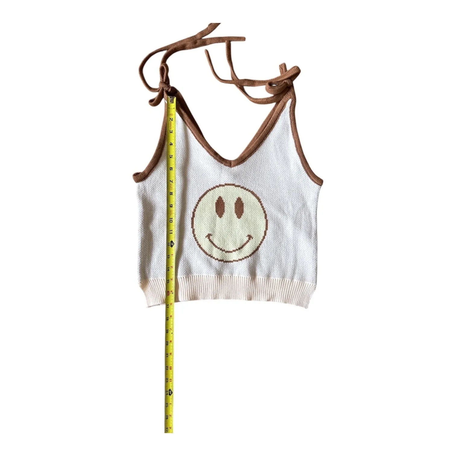 MISS SPARKLING Knit Happy face sweater tankTank Top Tie Shoulder Brown Cream White Size M - Image 8