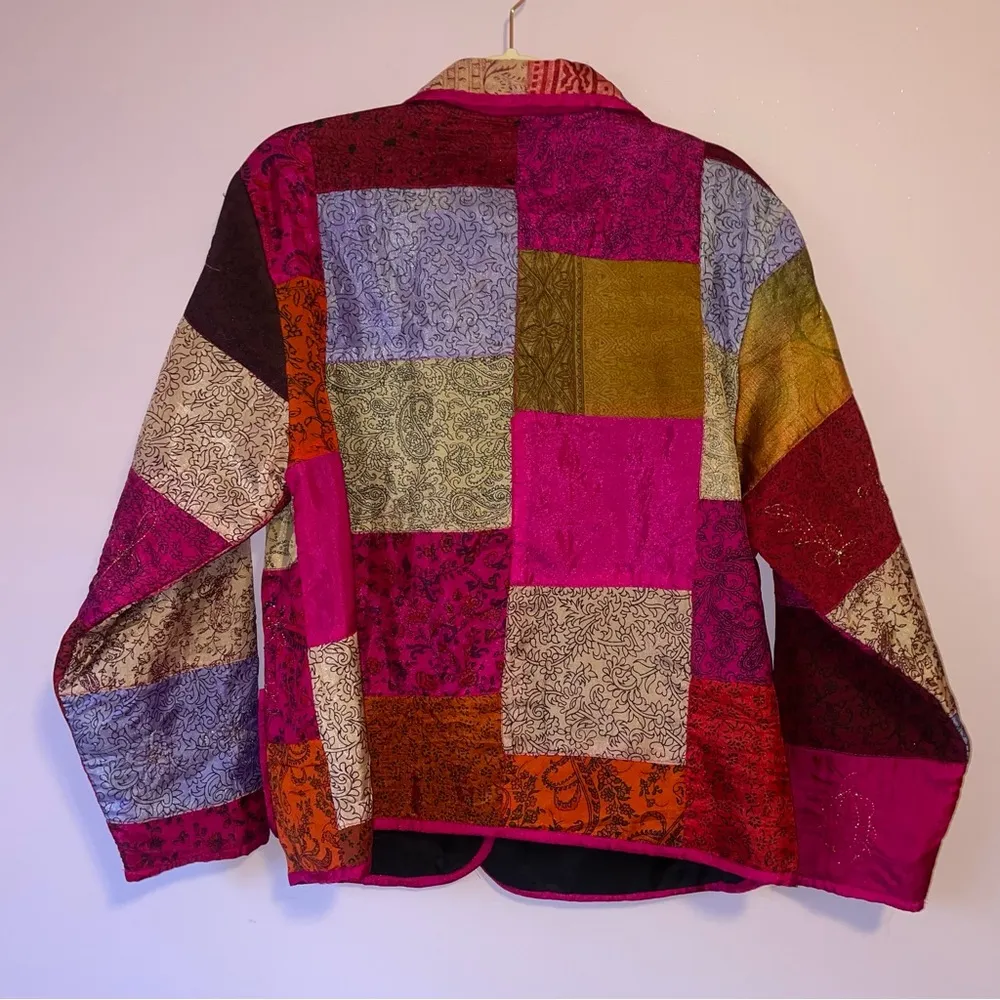 Vintage Tantrums 100% Silk Multicolor Patchwork Jacket Cardigan Blazer Size M - Image 5