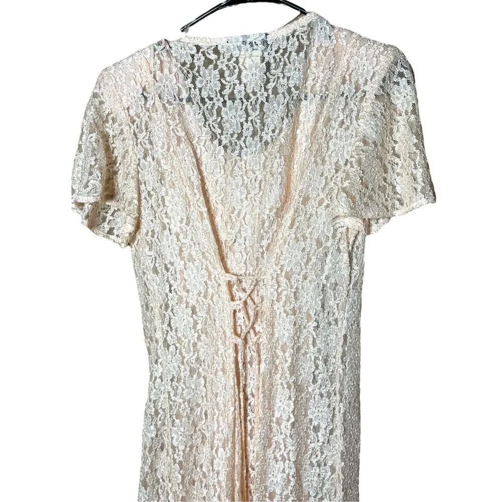 Vintage Dawn Joy 80s/90s Light Pink Lace Coquette Cottagecore Lace Maxi Dress Si Size 8 - Image 12