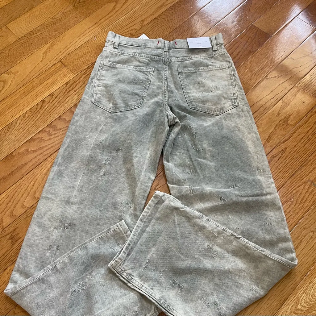 Zara Slim Distressed Jacquard Mid Waist Jeans Khaki Long contemporary soft US 4 - Image 12