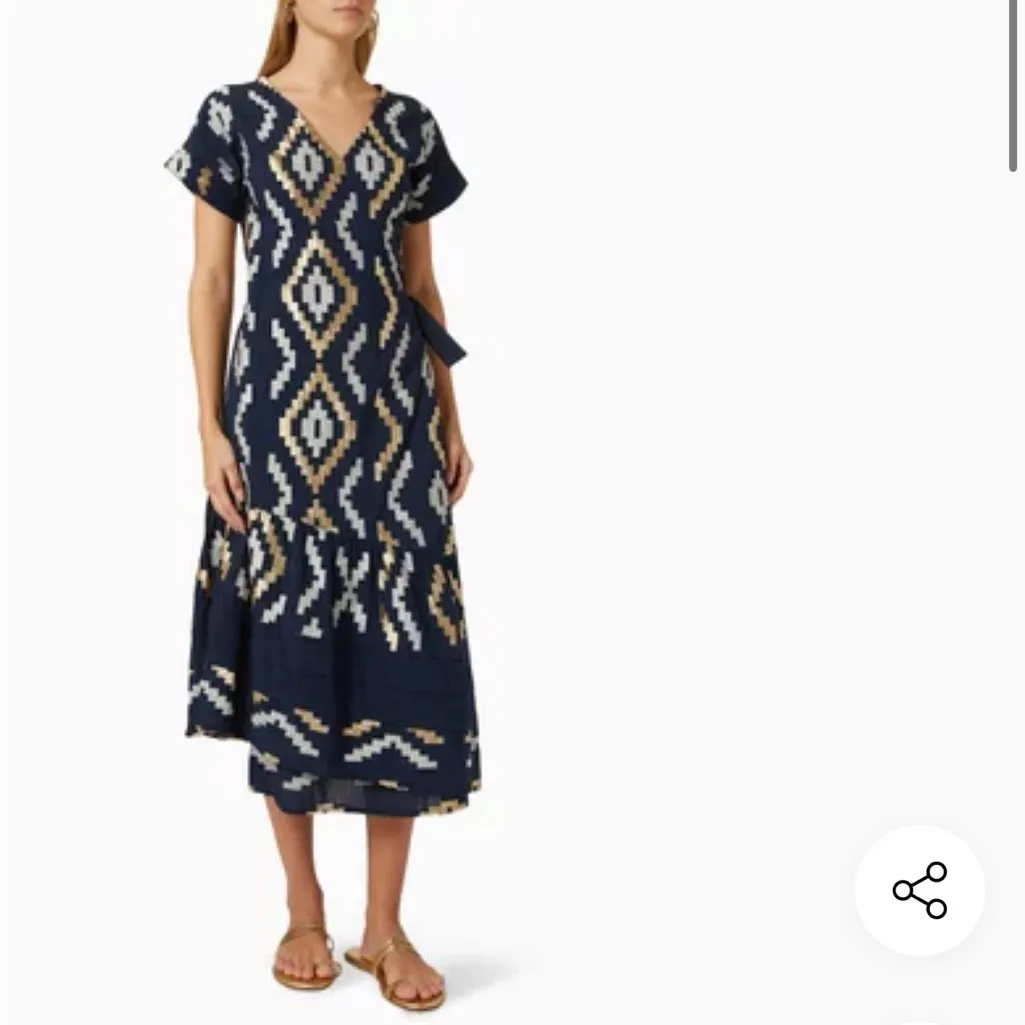 Greek Archaic Kori Geometric Metallic Embroidered Wrap Dress Midi Large Tan - Image 9