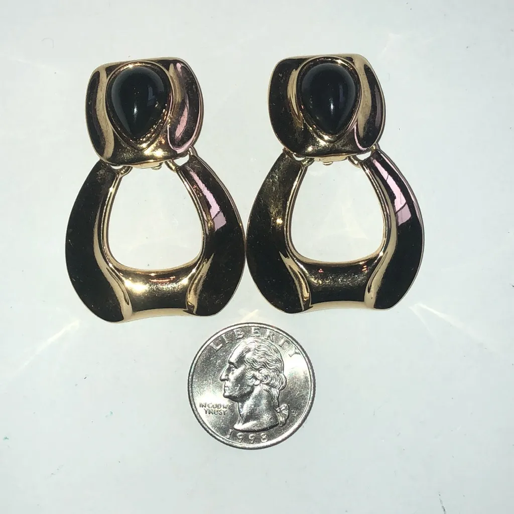 Givenchy Vintage Gold Tone and Black Clip On Door Knocker Statement Earrings - Image 3