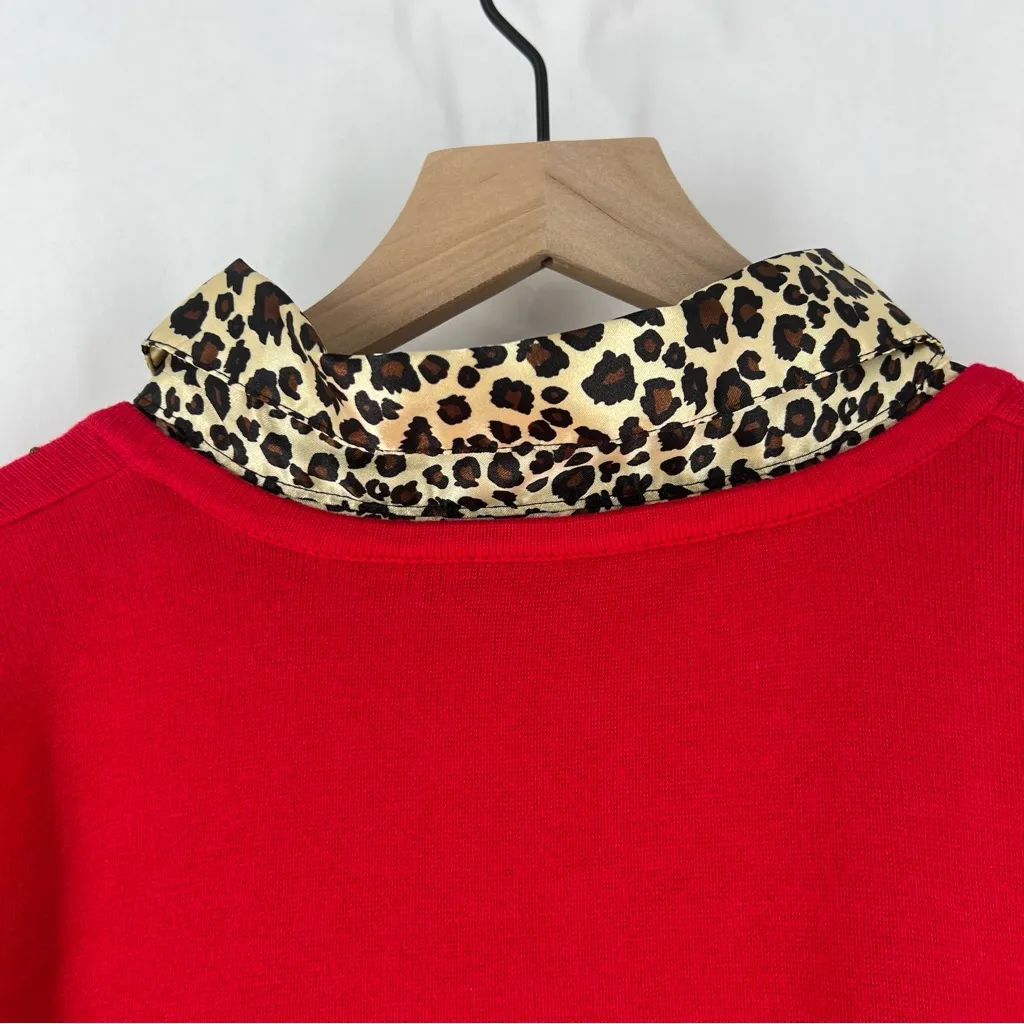 Quaker‎ Factory Embellished Red Knit Sweater Contrasting Satin Leopard Collar XL - Image 10