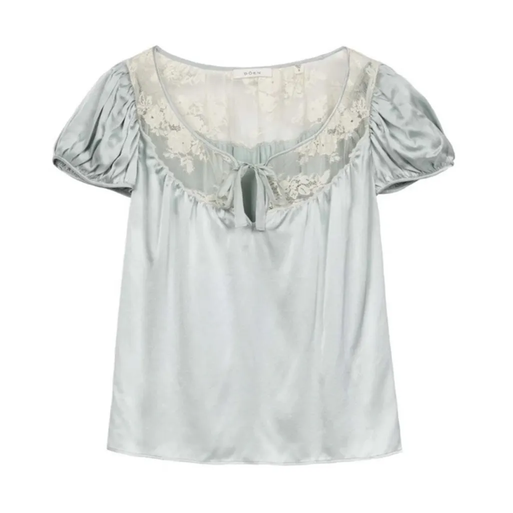 Doen Camri Puff Sleeve Silk Blouse Lace Bow Dusty Blue Large EUC - Image 10