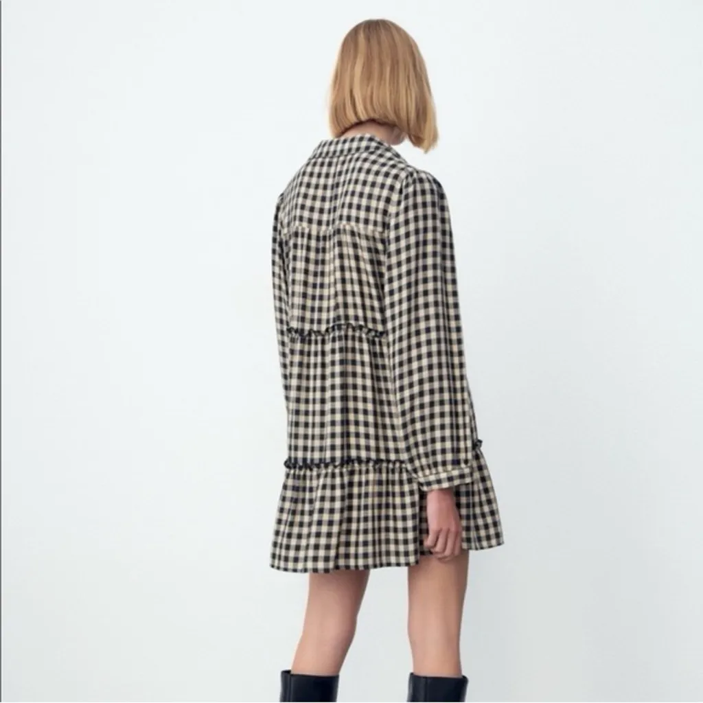 Zara Black and Tan Gingham Long Sleeve Mini Dress - Image 5