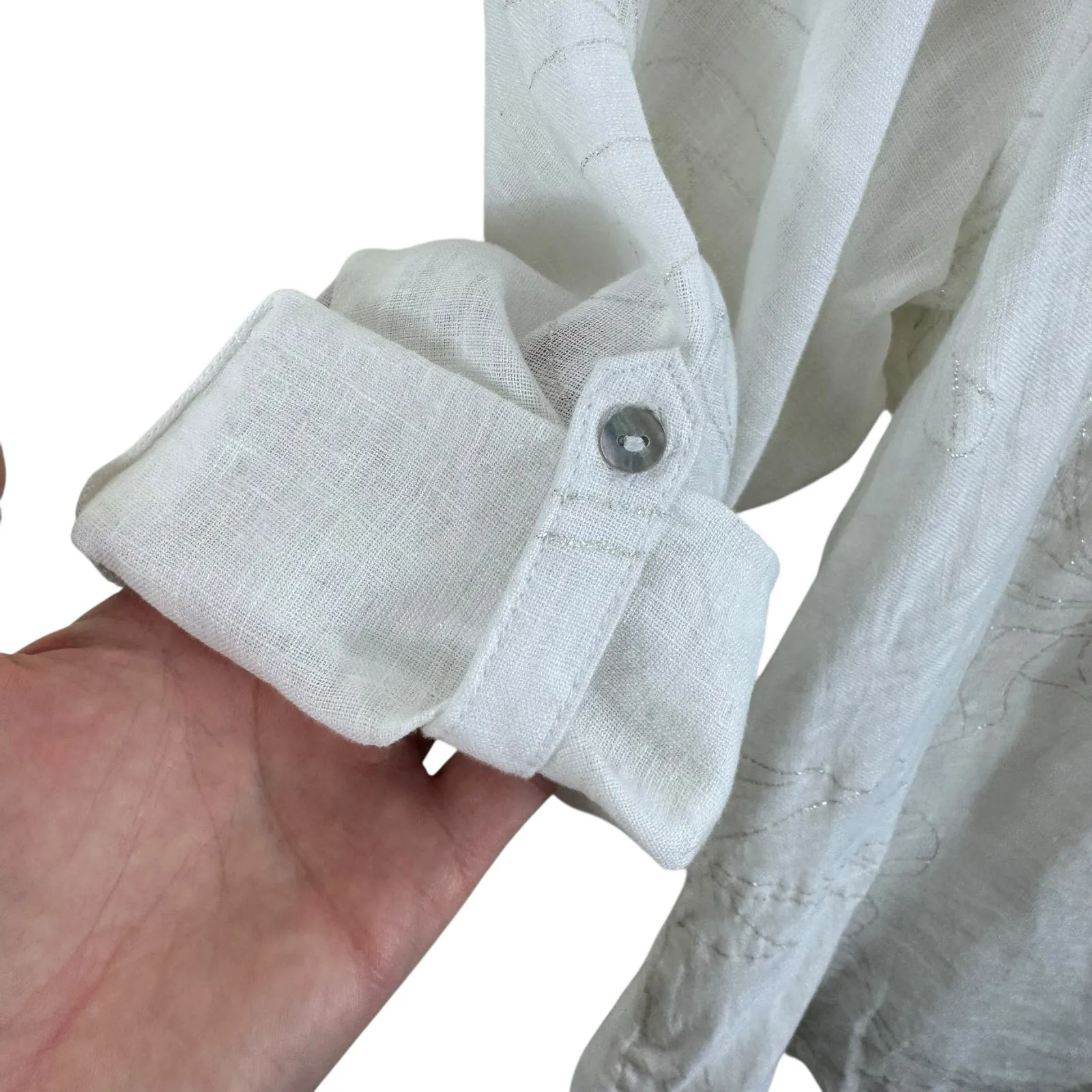 Calypso St. Barth NWT 100% Linen White Long Sleeve Silver Shimmer Button Up 2X - Image 3