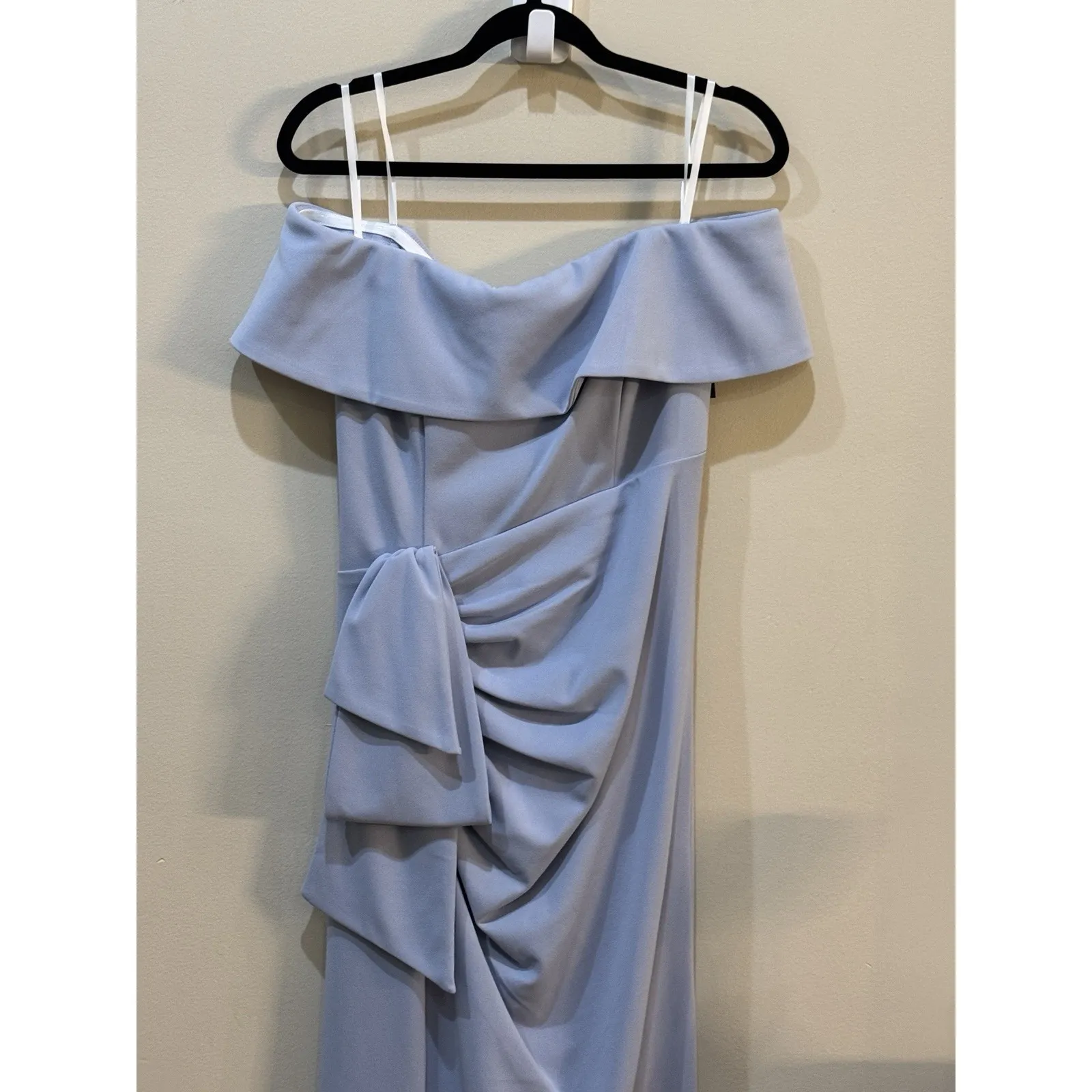 NWT Xscape Camila Long Off The‎ Shoulder Scuba Crepe Dress Ruched Blue Size 14 - Image 5