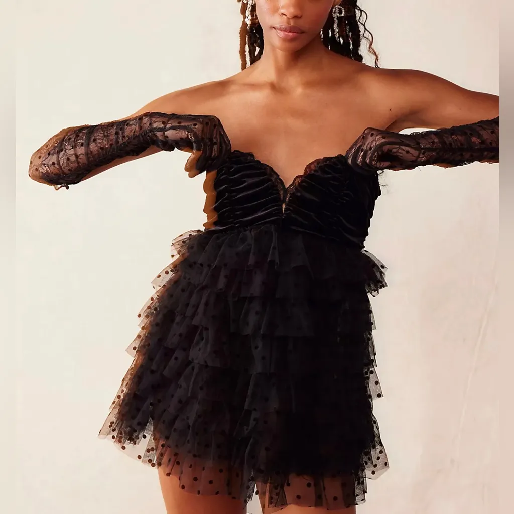 For Love & Lemons $259 Jourdan Black Mini Strapless Dress Gloves Goth Punk Sheer - Image 4