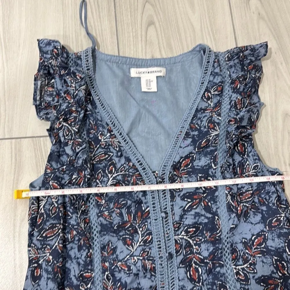 Lucky Brand Blue Floral Ruffle Cap Sleeve Short Cotton Dress V-neck Button Front - Image 3
