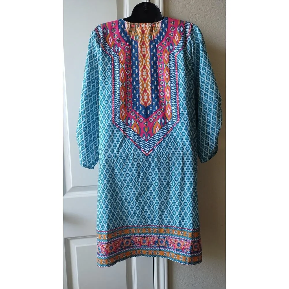 Urban Coco Womens Dress Sz Large Blue Green Geometric Ruched Sleeves Peasant - Image 4