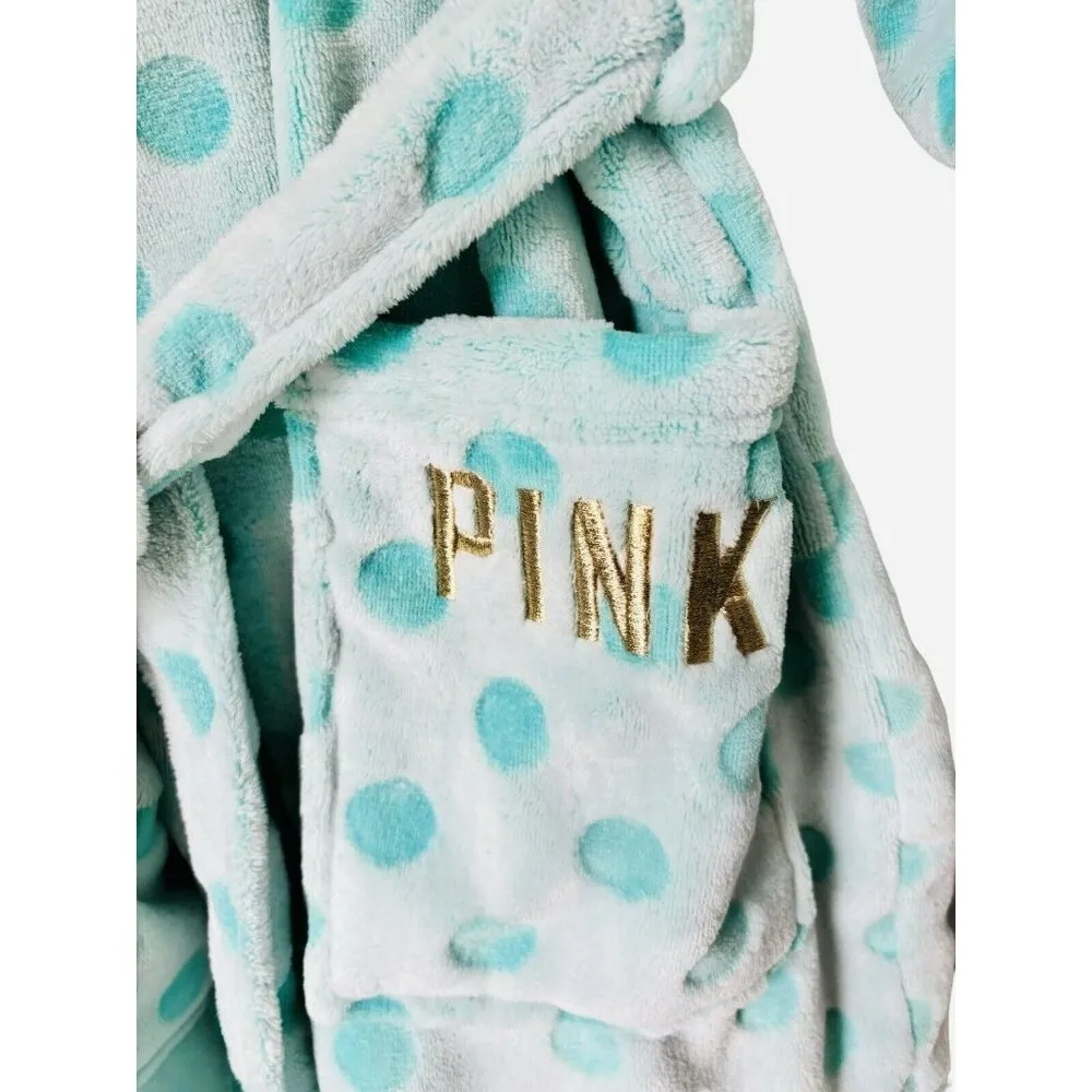 PINK Victoria Secret Green Polka Dot Soft Plush Bath Dressing Robe Women's XS/S - Image 2