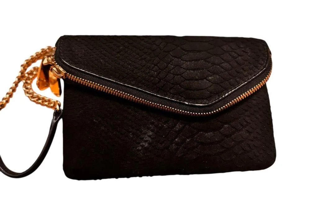 Henri Bendel Black Embossed Leather Wristlet Clutch 7x5 Gold Chain Rare Bag GUC - Image 3