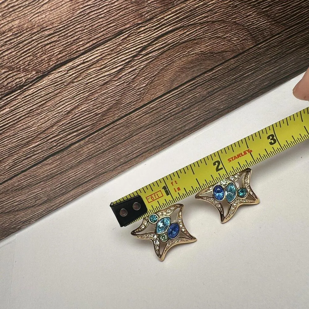 Swarovski Crystal Gold Tone Blue Star Starfish Stud Pierced Earrings Swan Signed - Image 7