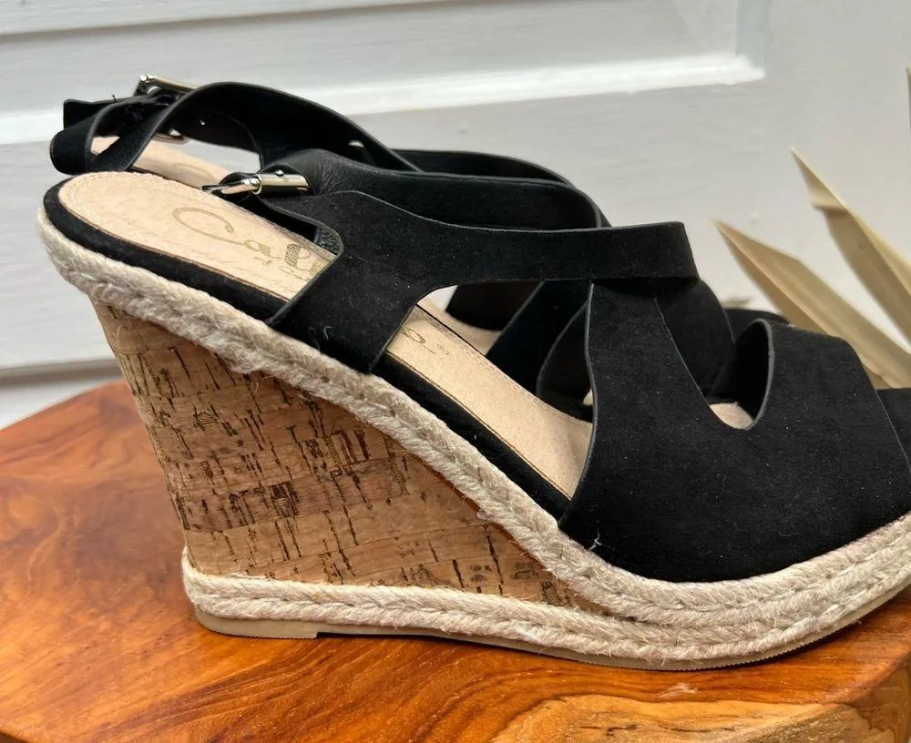 Callisto Women's Black Suede Platform Cork Wedge Sandals Size 9 - Image 6