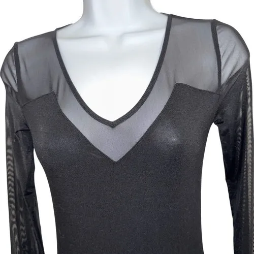 EXPRESS Black V-Neck Mesh Trim and Sleeves Fitted Bodysuit‎ NWOT Size XS - Image 3