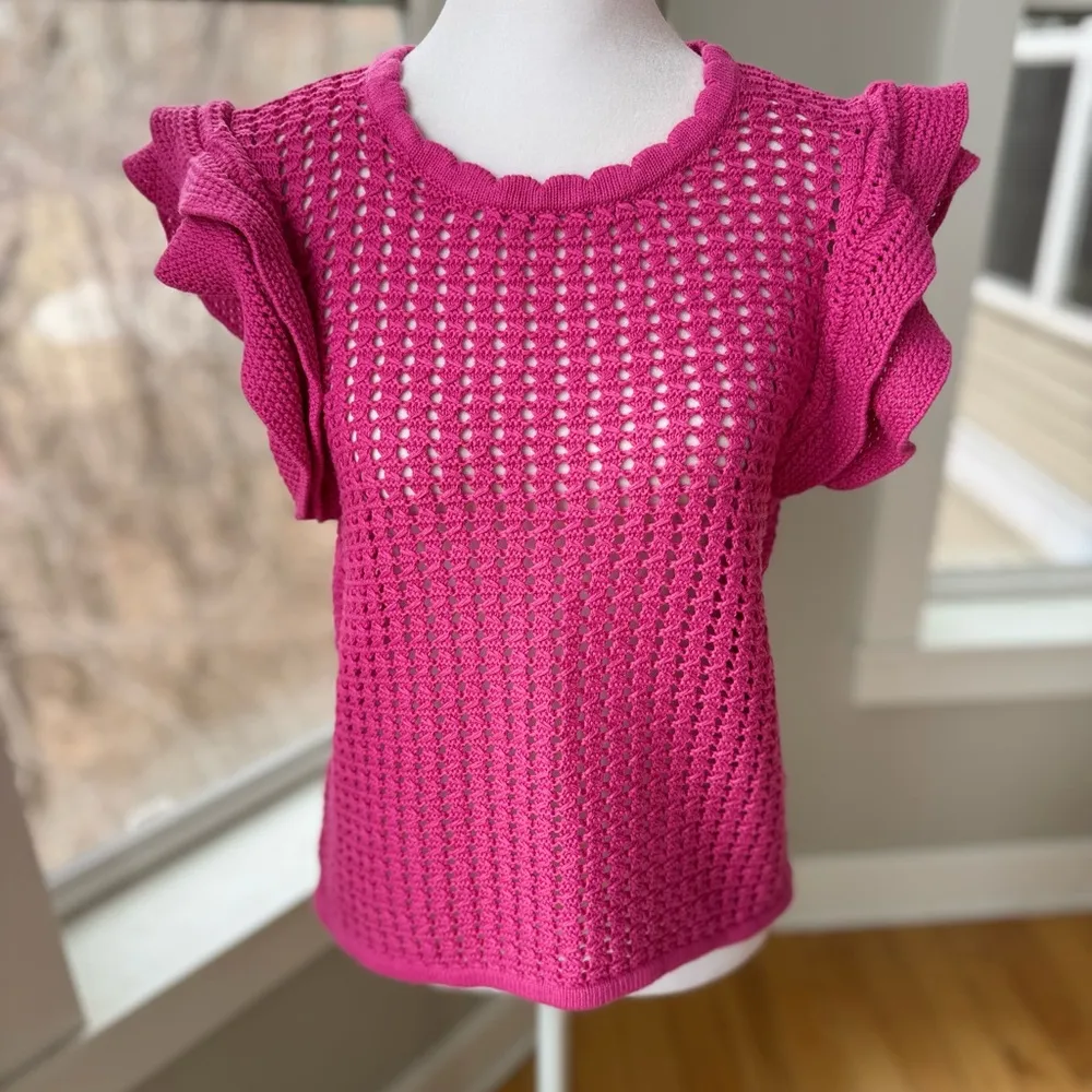 GAP Hot Pink Fuschia Cotton Crochet Ruffle Sleeveless Sheer Sweater Top Sz M - Image 9