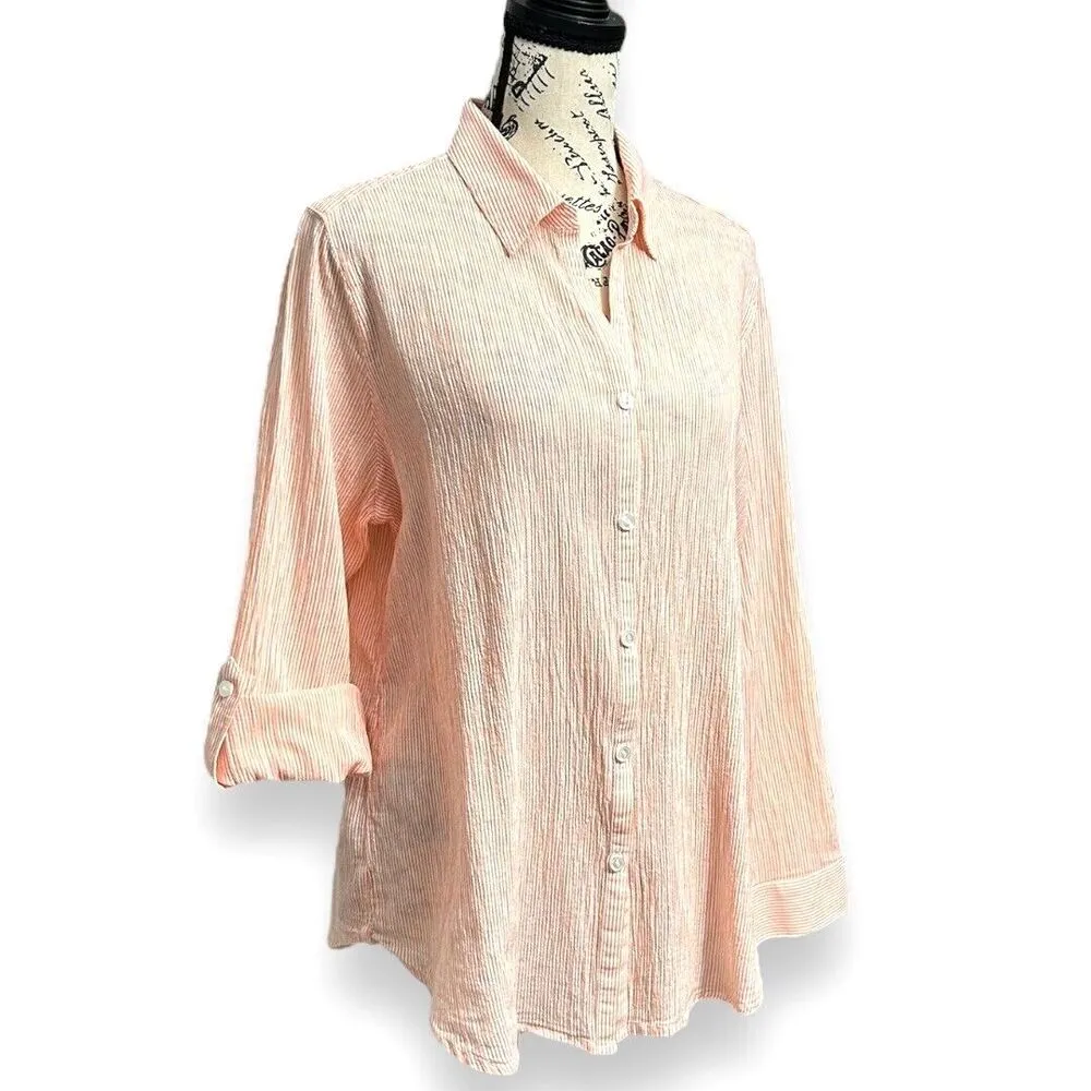 Chico’s 3 XL Salmon Pink Cotton Striped Gauze Blouse Lace‎ Back Roll Tab Romanti - Image 6