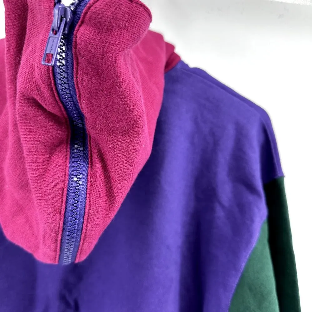 VTG 9001 Retro Cropped Hoodie 1/2 Zip Colorblock Pullover 100% Cotton Multi M Size M - Image 2