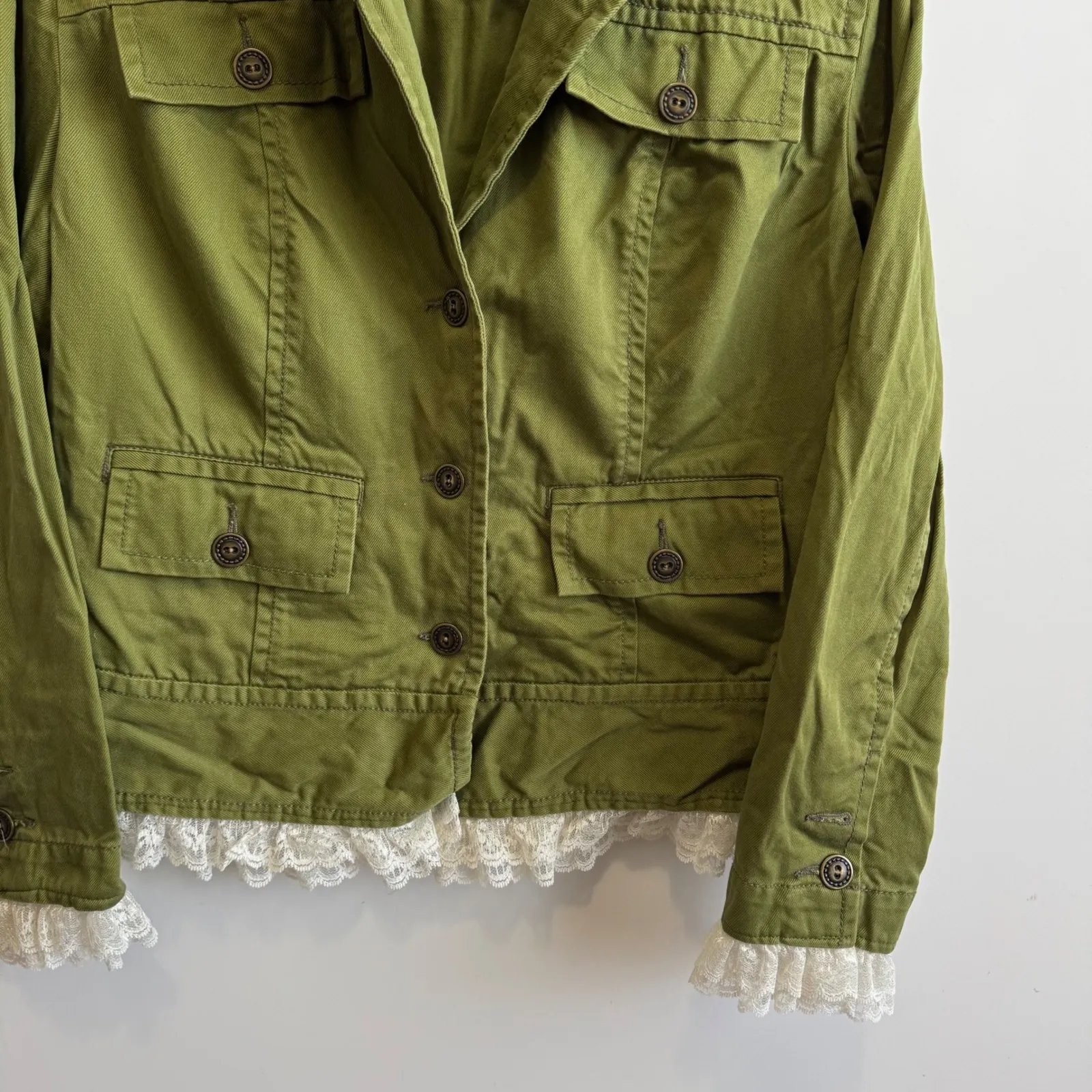 Olive Green Jacket Lace‎ Trim Military Style Utility Jacket Size M - Image 5