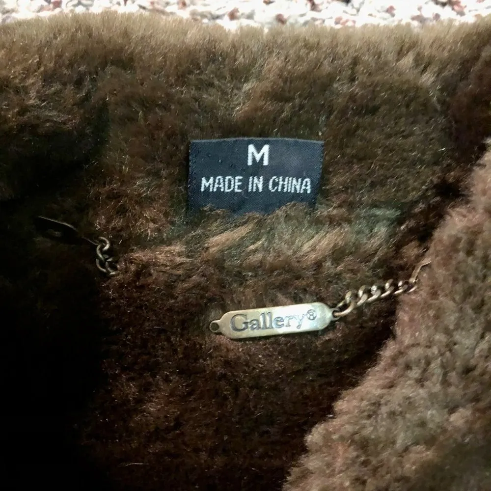 Gallery Leather Coat Womens M Used Brown Faux Fur Lining and Collar - Image 10