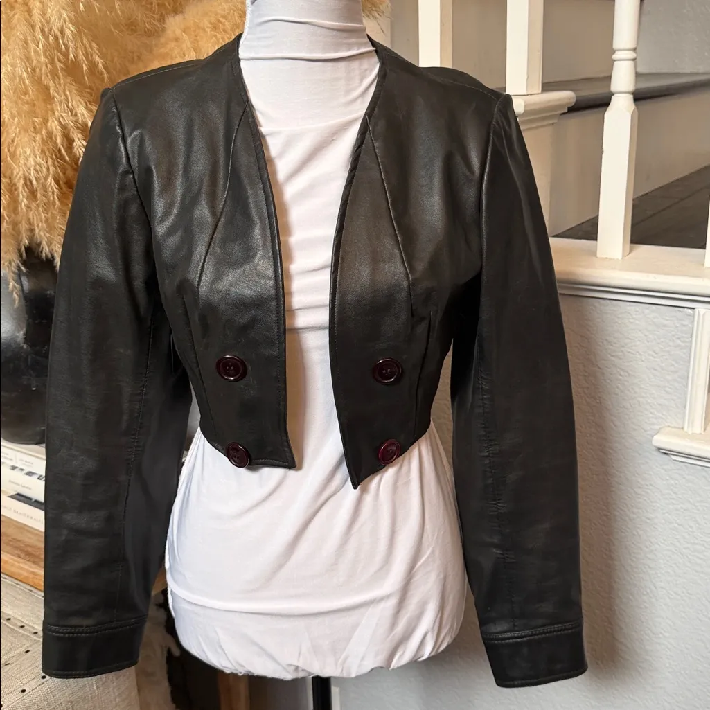 Countess Imperial 1970s Vintage Cropped Open Leather Moto Jacket Size XS Black - Image 2
