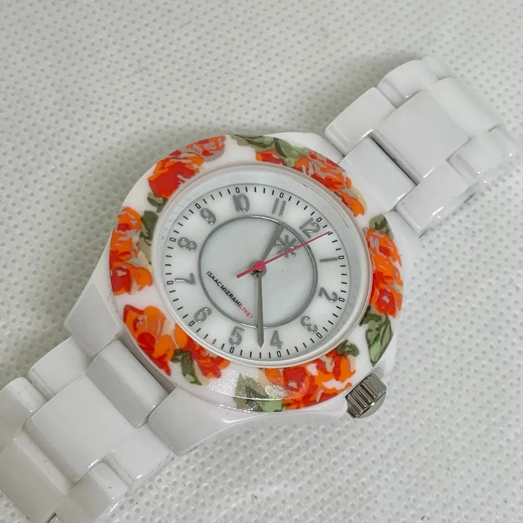 Isaac Mizrahi Live! White Ceramic Watch mop  Dial Floral bezel 35mm running - Image 2